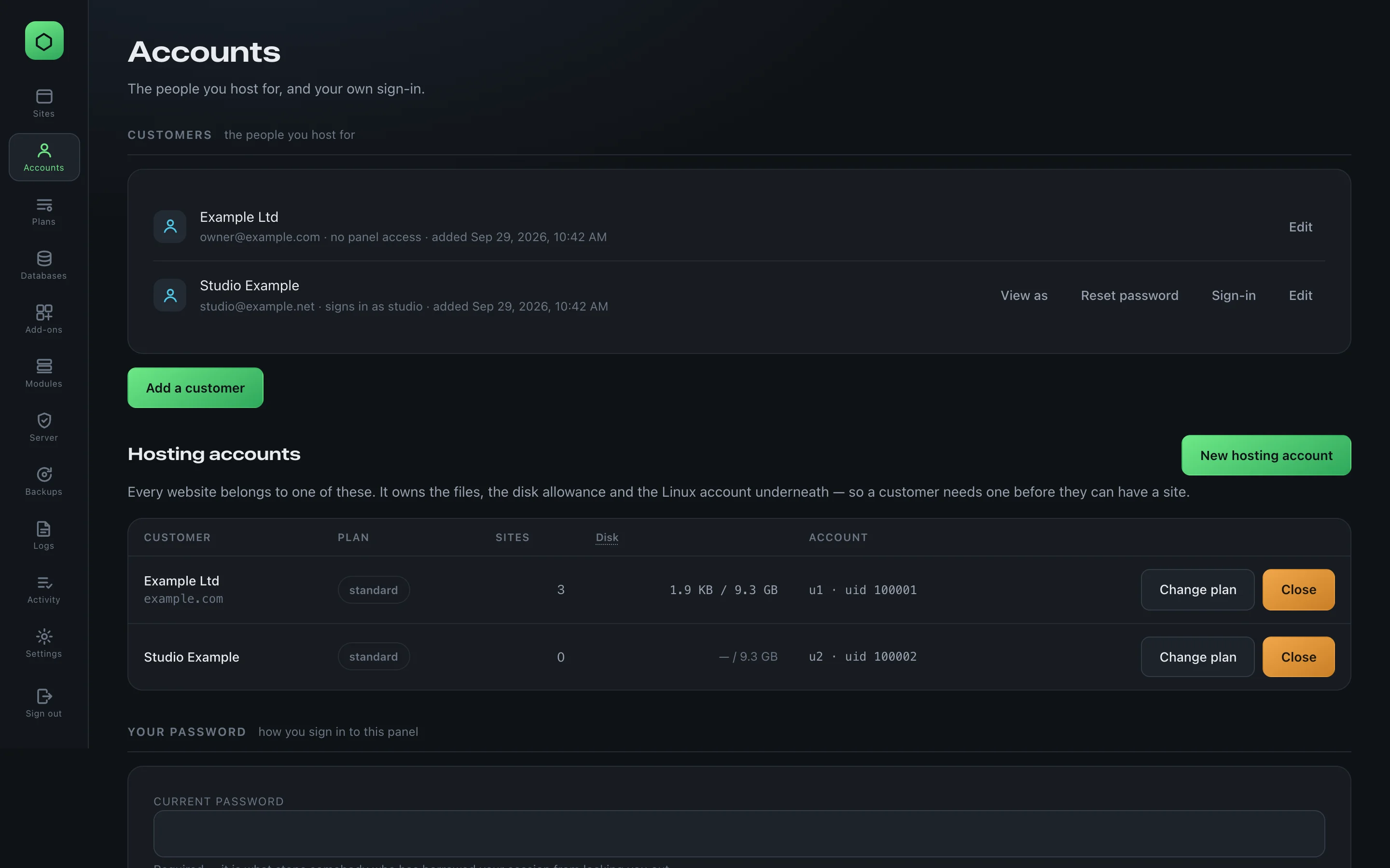 The Accounts screen: two customers, Example Ltd with no panel access and Studio Example who signs in as studio (with View as, Reset password, Sign-in and Edit), and the Hosting accounts table with Change plan and Close.