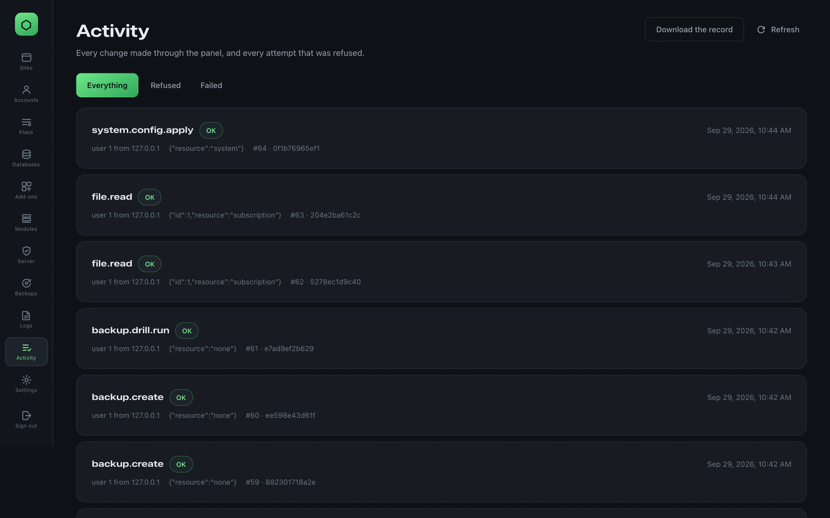 The Activity screen listing the changes made on the panel with who made them and when.
