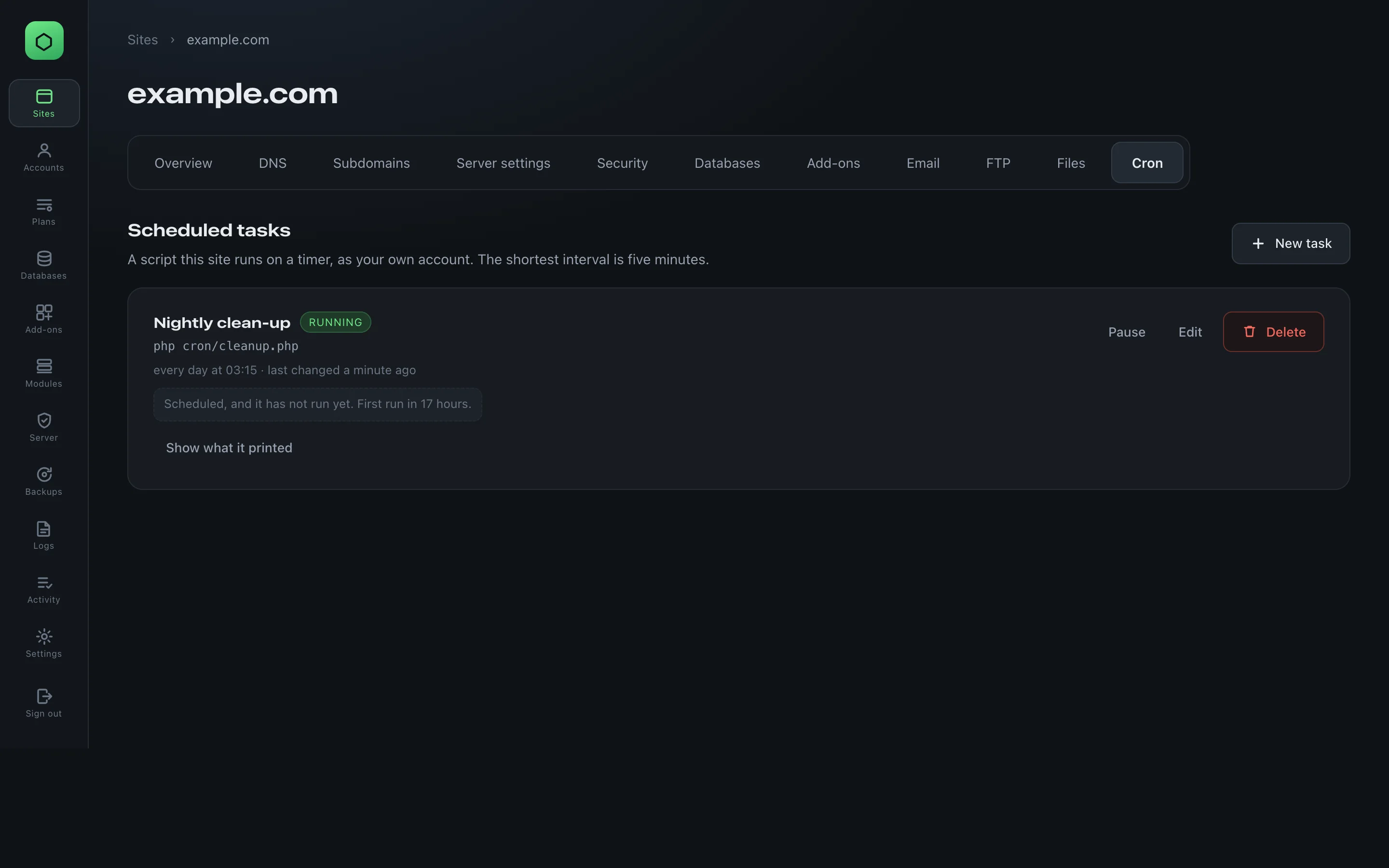 The Cron tab of a site, headed Scheduled tasks, with one task, Nightly clean-up, running cron/cleanup.php with PHP every day at 03:15.