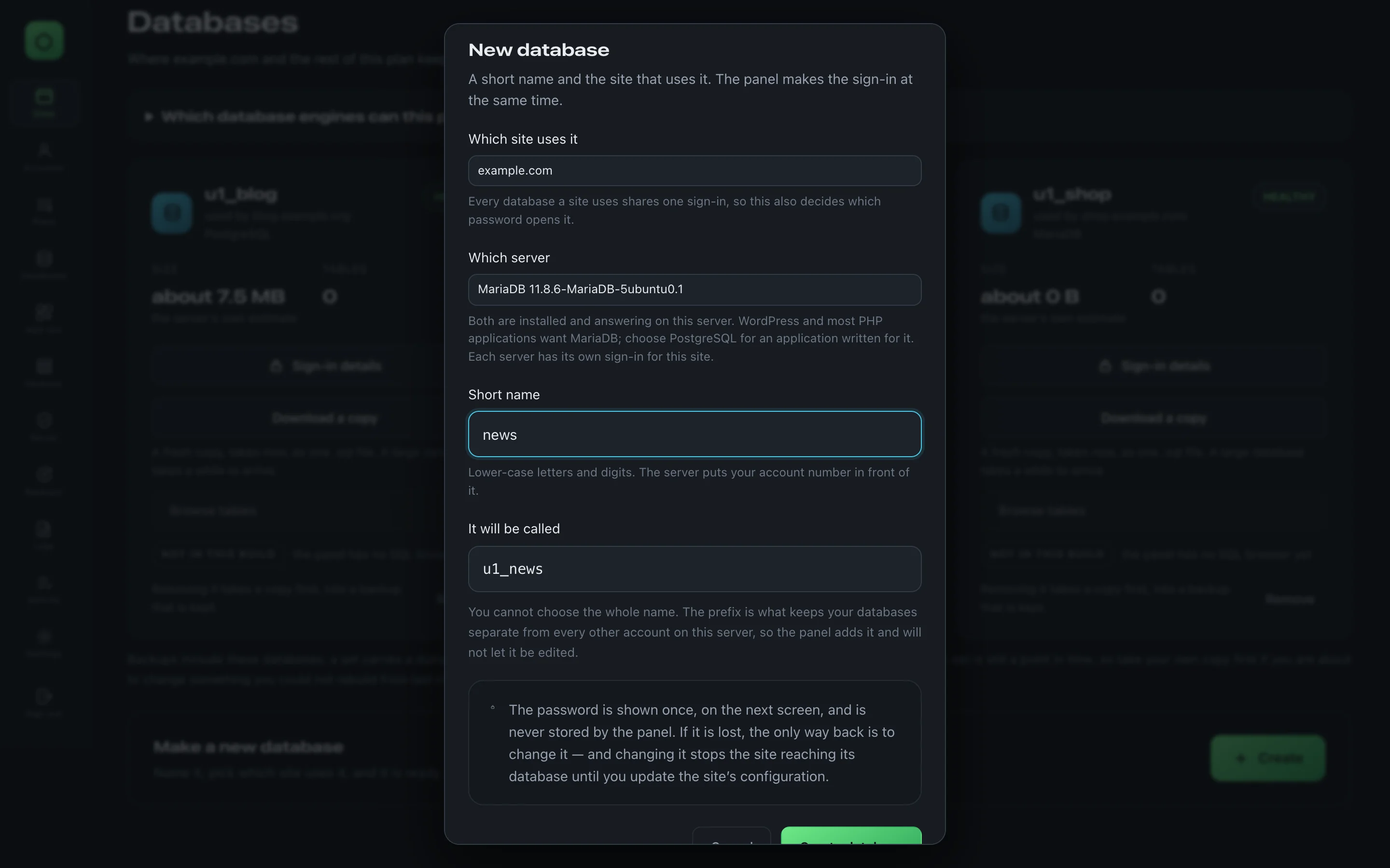 The New database dialog: the site that uses it, the server (MariaDB), the short name news, and the name it will be given, u1_news.