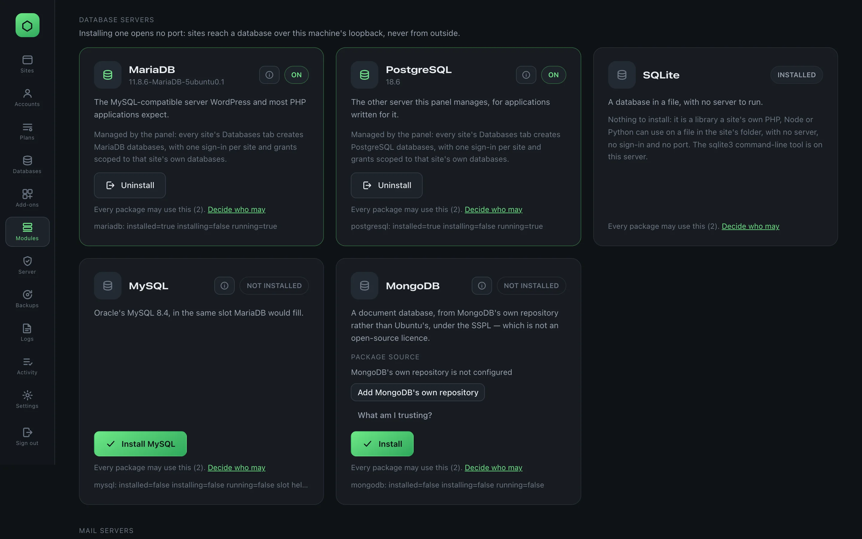 The Database servers group on the Modules screen: MariaDB and PostgreSQL ON with their versions, SQLite installed, and MySQL and MongoDB with an Install button each.