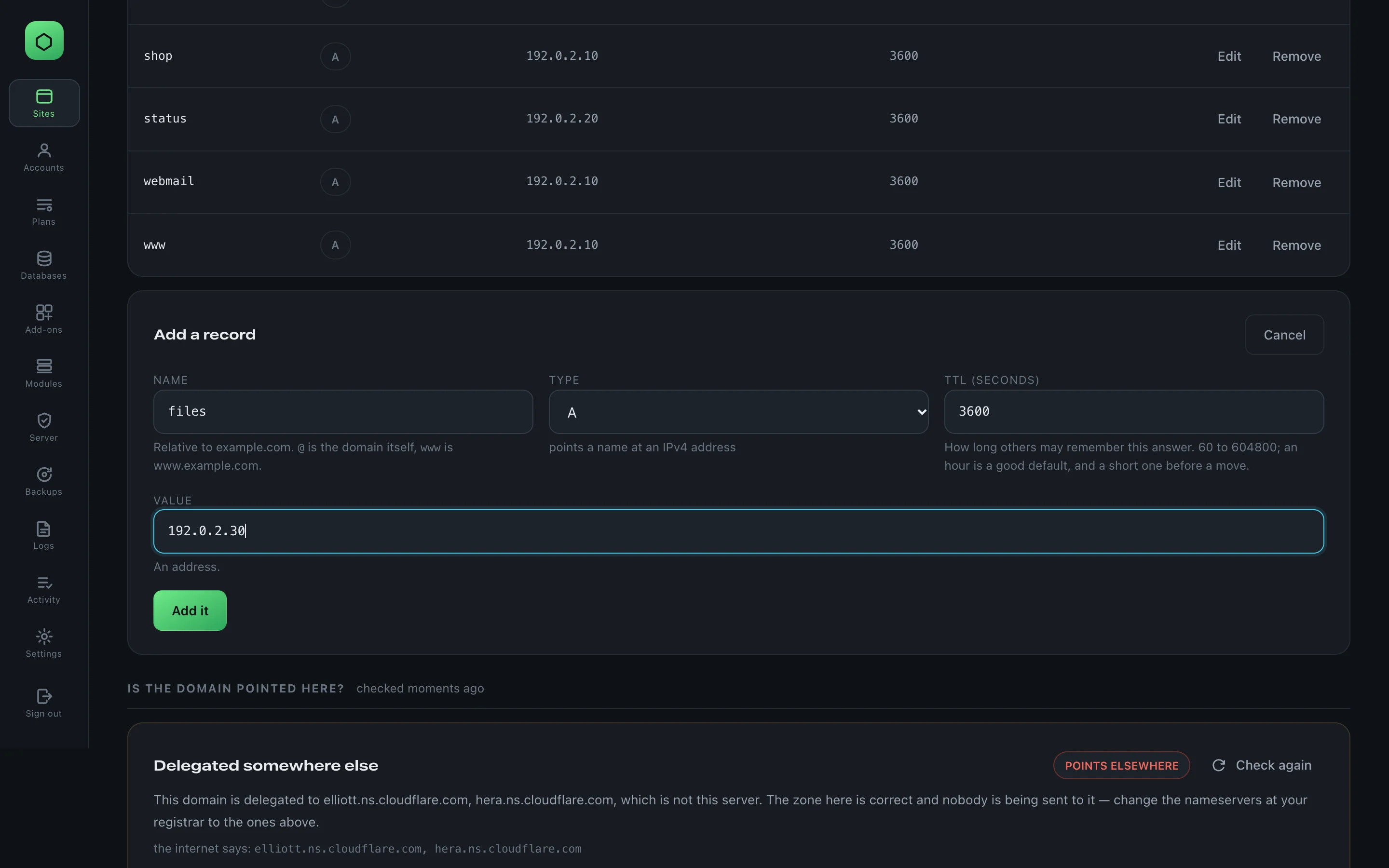 The Add a record form filled in: name files, type A, TTL 3600 and the value 192.0.2.30, with an Add it button.
