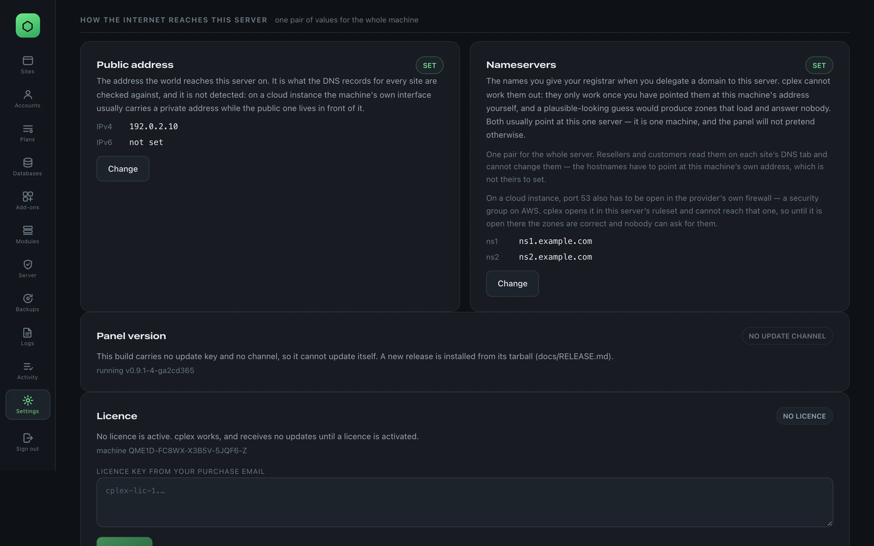 The How the internet reaches this server panel on Settings with the public address and the two nameservers.
