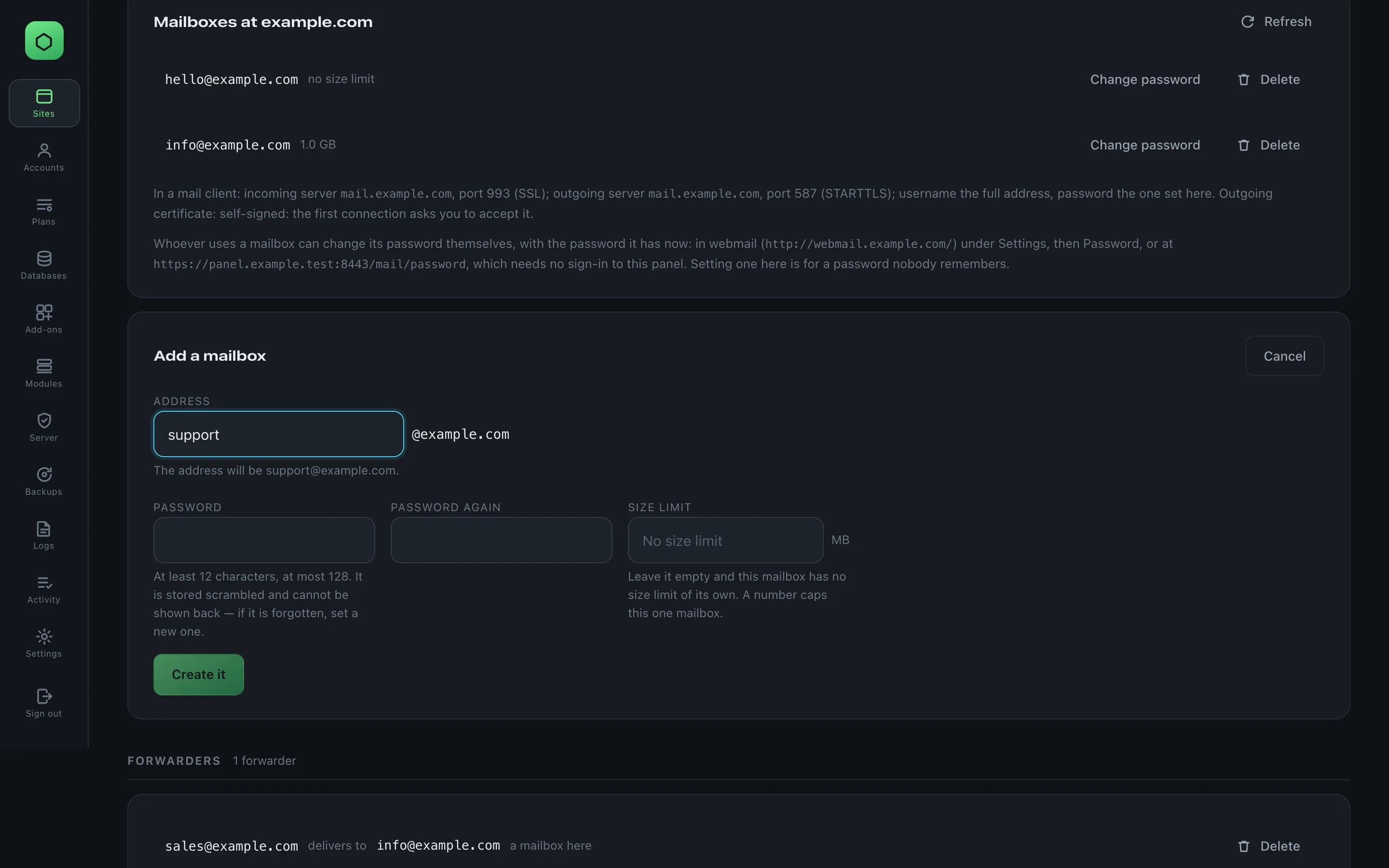 The Add a mailbox form with the address support typed in before @example.com, the two password fields, the size limit left empty for no limit, and a Create it button.