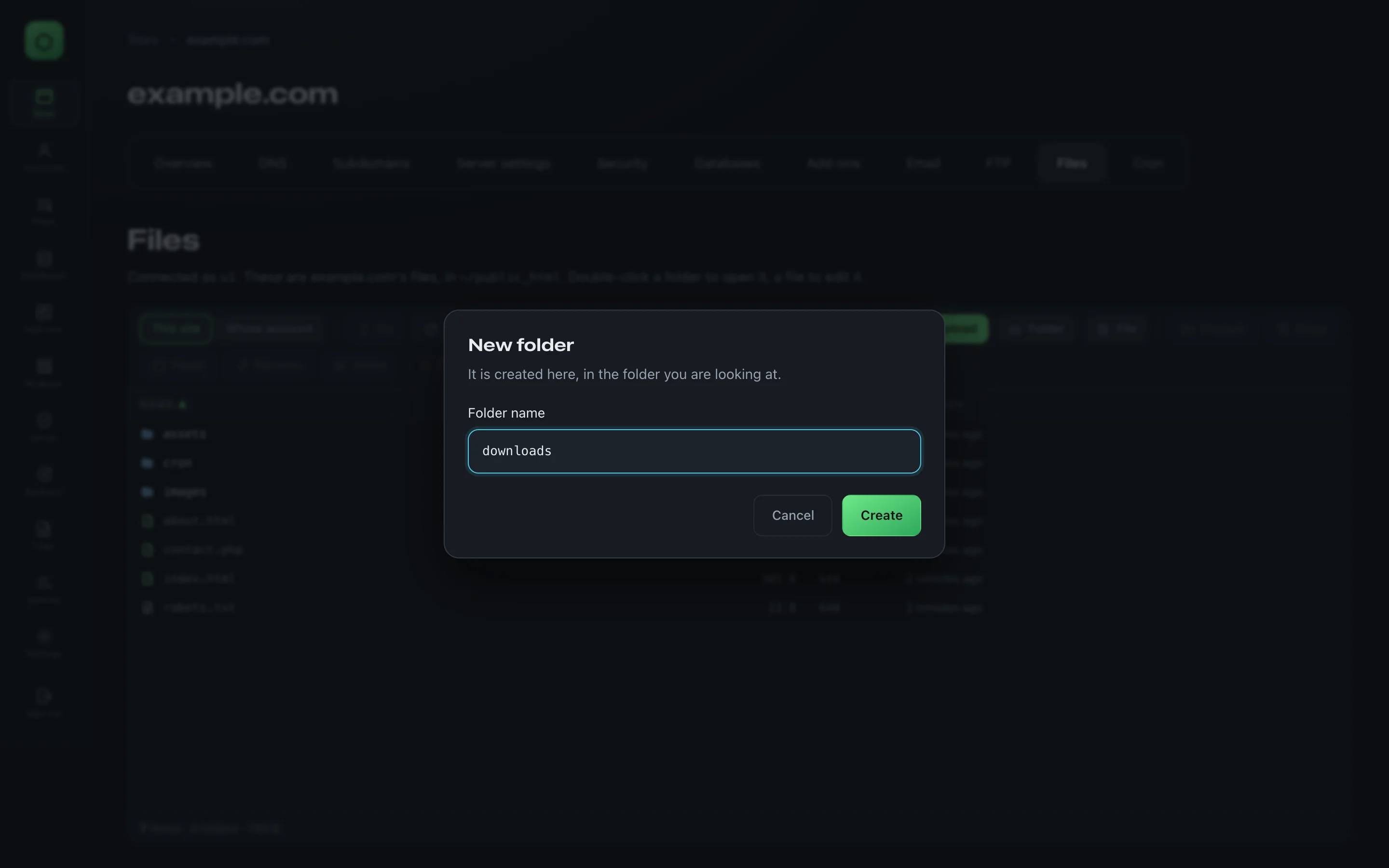 The New folder dialog of the file manager with the name downloads typed in, and Cancel and Create buttons.