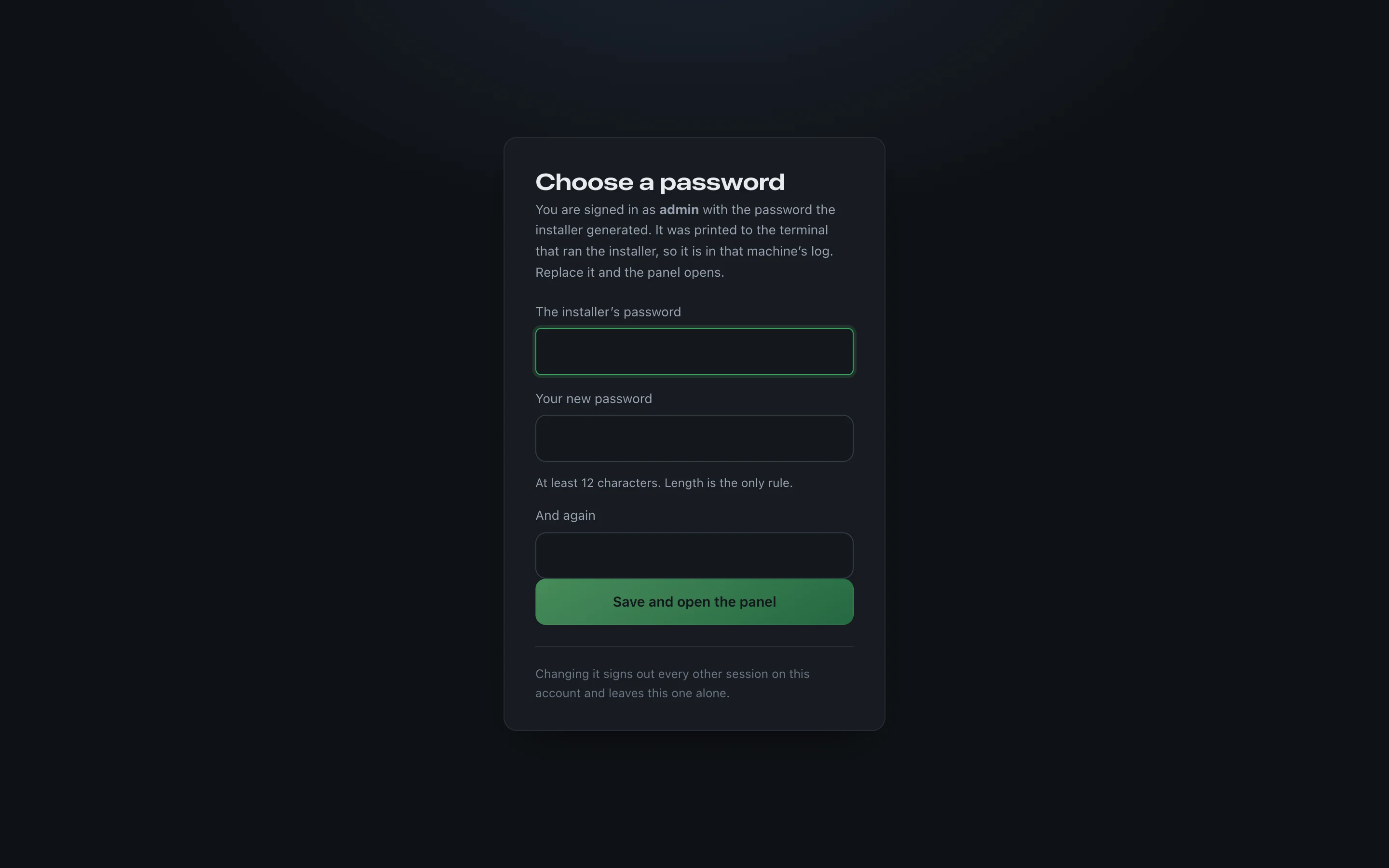 The Choose a password screen, asking for the installer's password and a new password twice, with a Save and open the panel button.