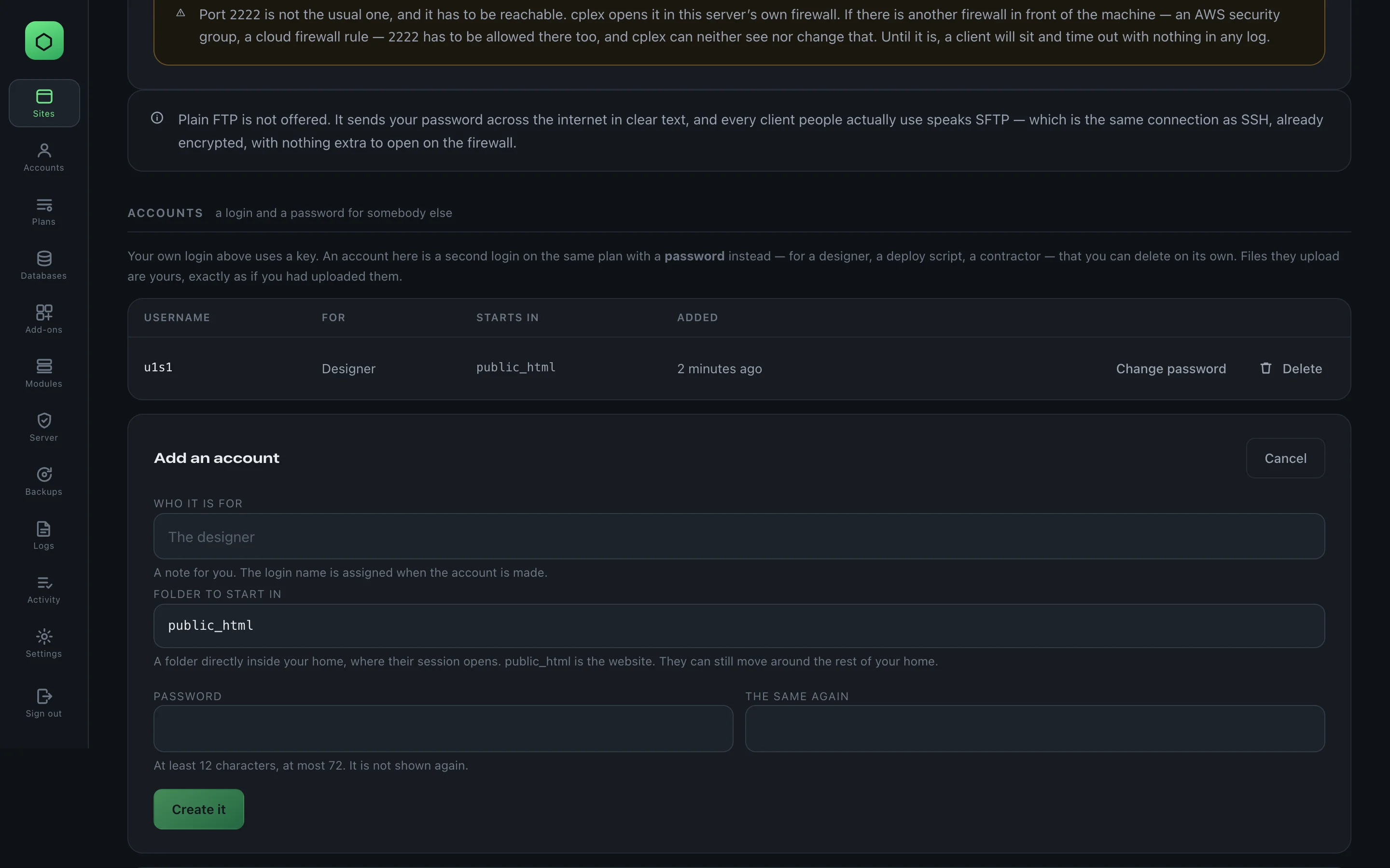 The form for adding an extra SFTP account: who it is for, the folder to start in and the password.