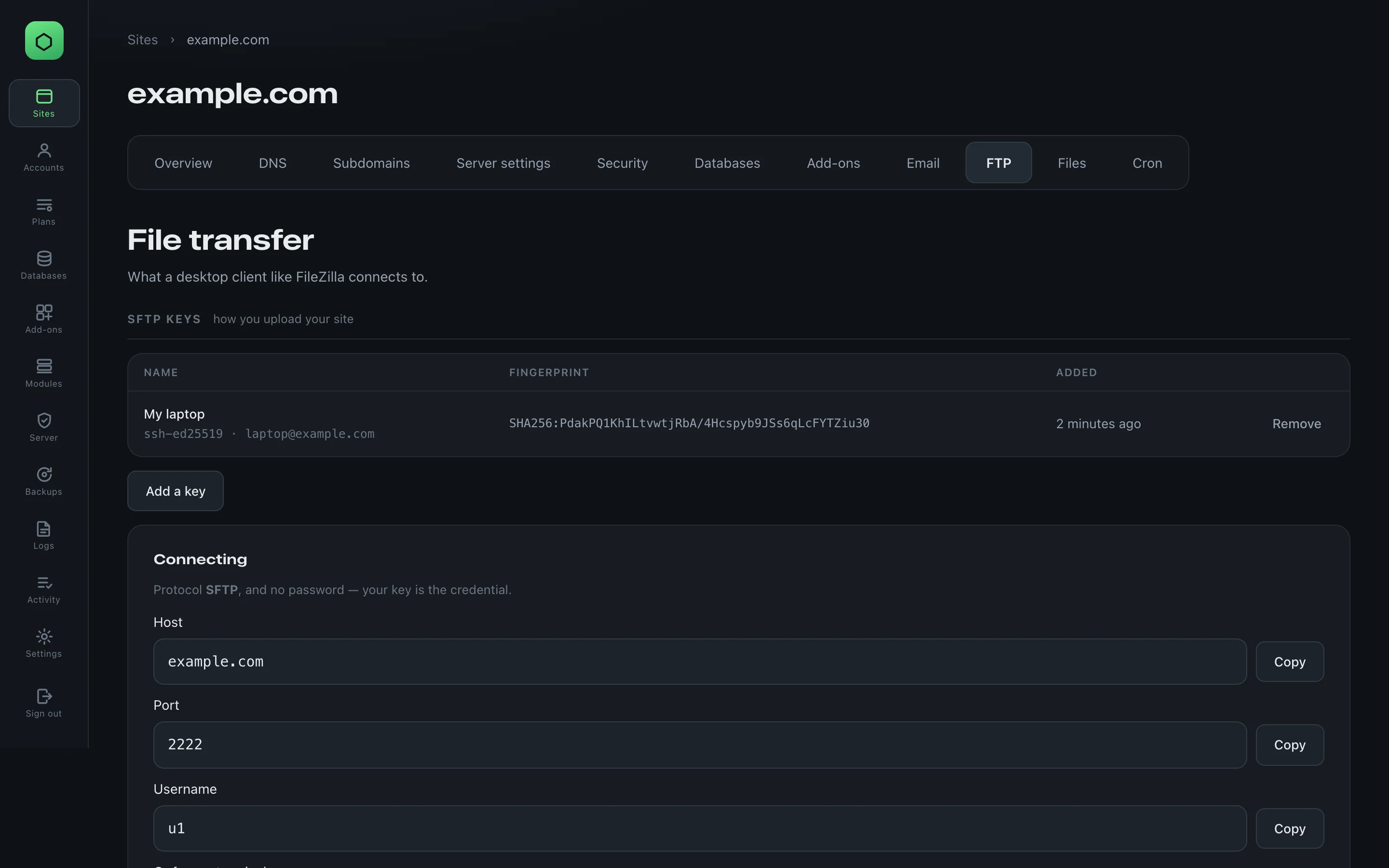 The site's FTP tab, titled File transfer: one SFTP key, My laptop, with its fingerprint, and the connection settings: host example.com, port 2222, username u1.