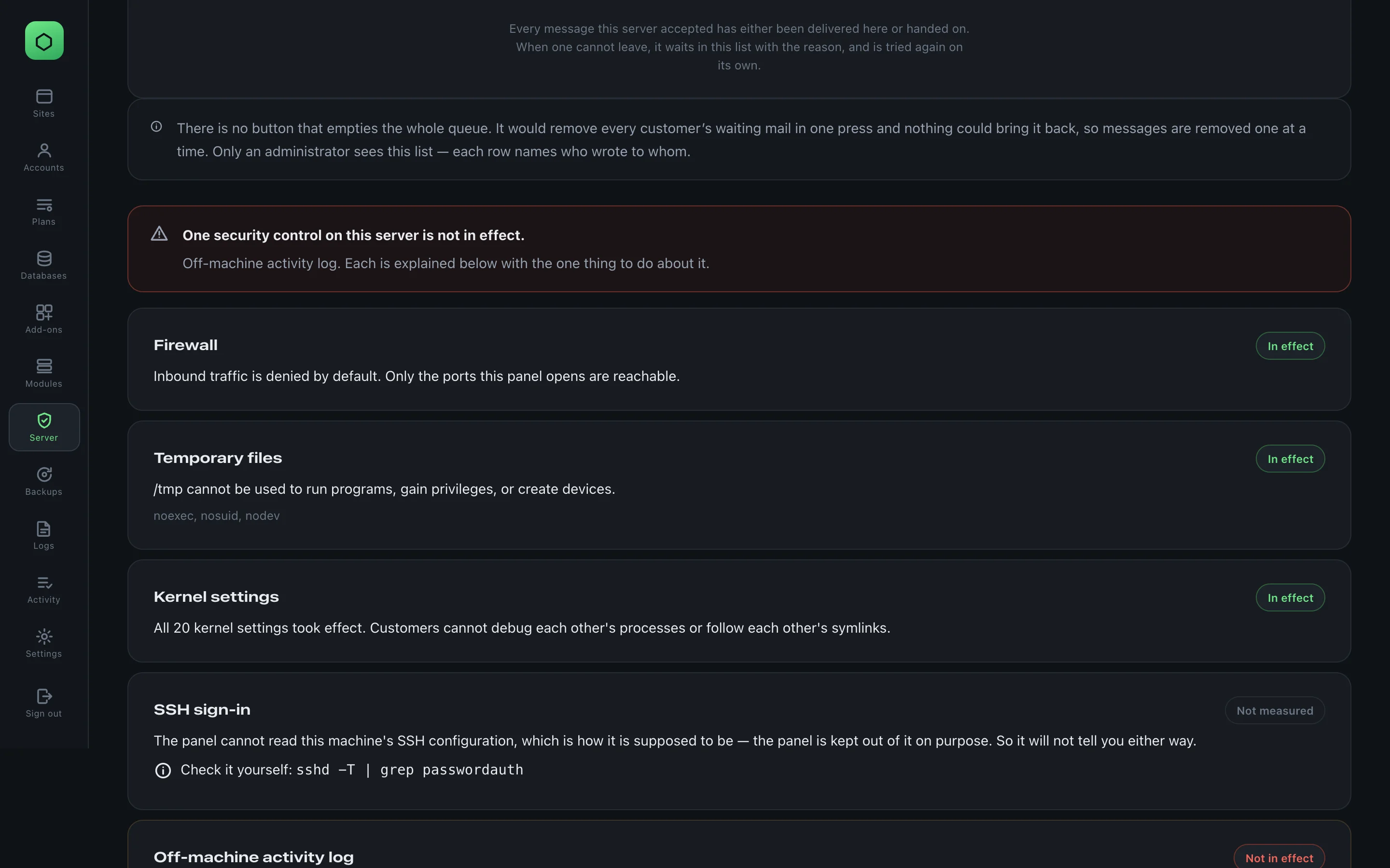 The security baseline on the Server screen: Firewall, Temporary files and Kernel settings In effect, SSH sign-in Not measured, and a warning that the off-machine activity log is not in effect.
