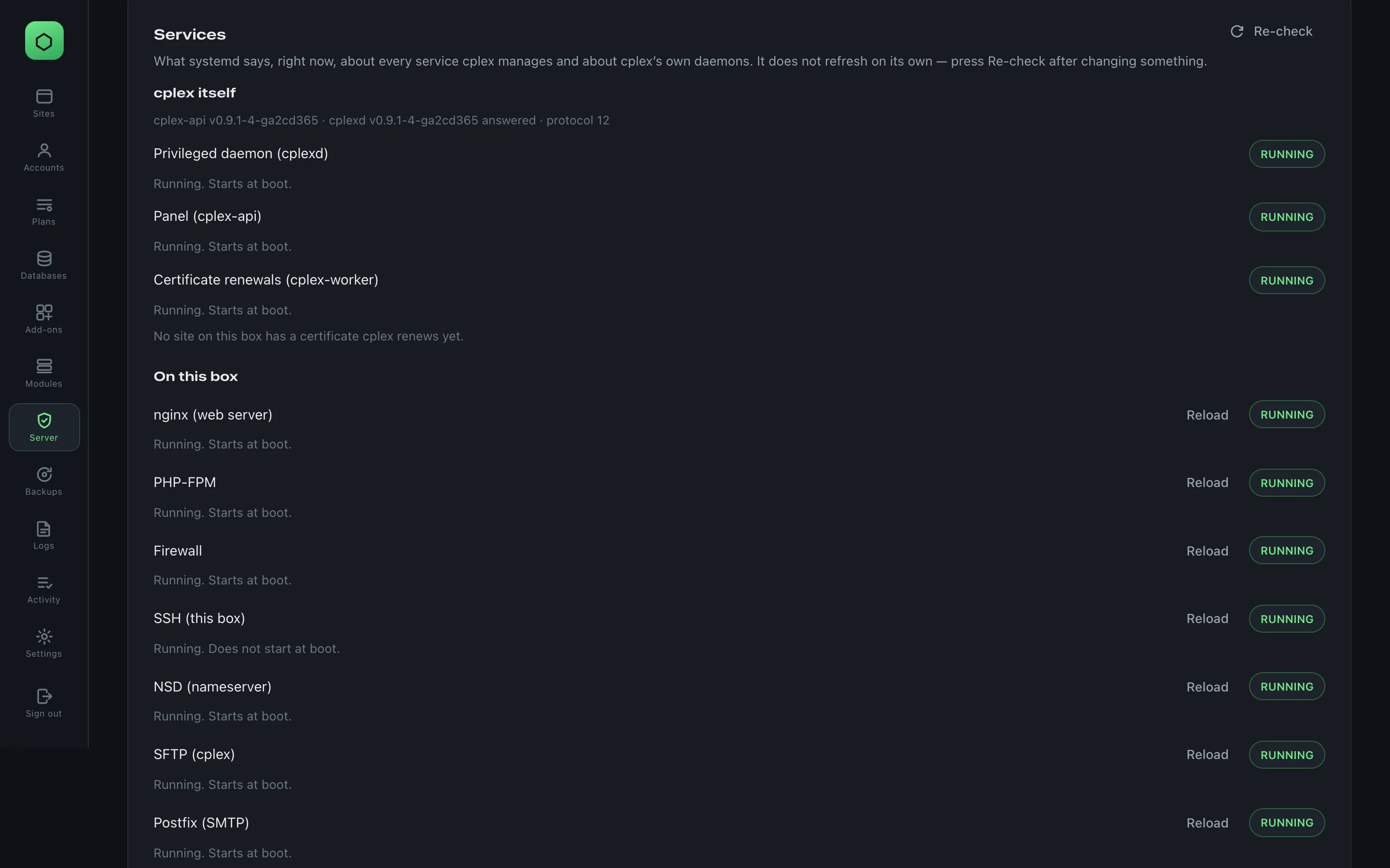 The Services panel listing each managed service with its state, and the cplex daemons.