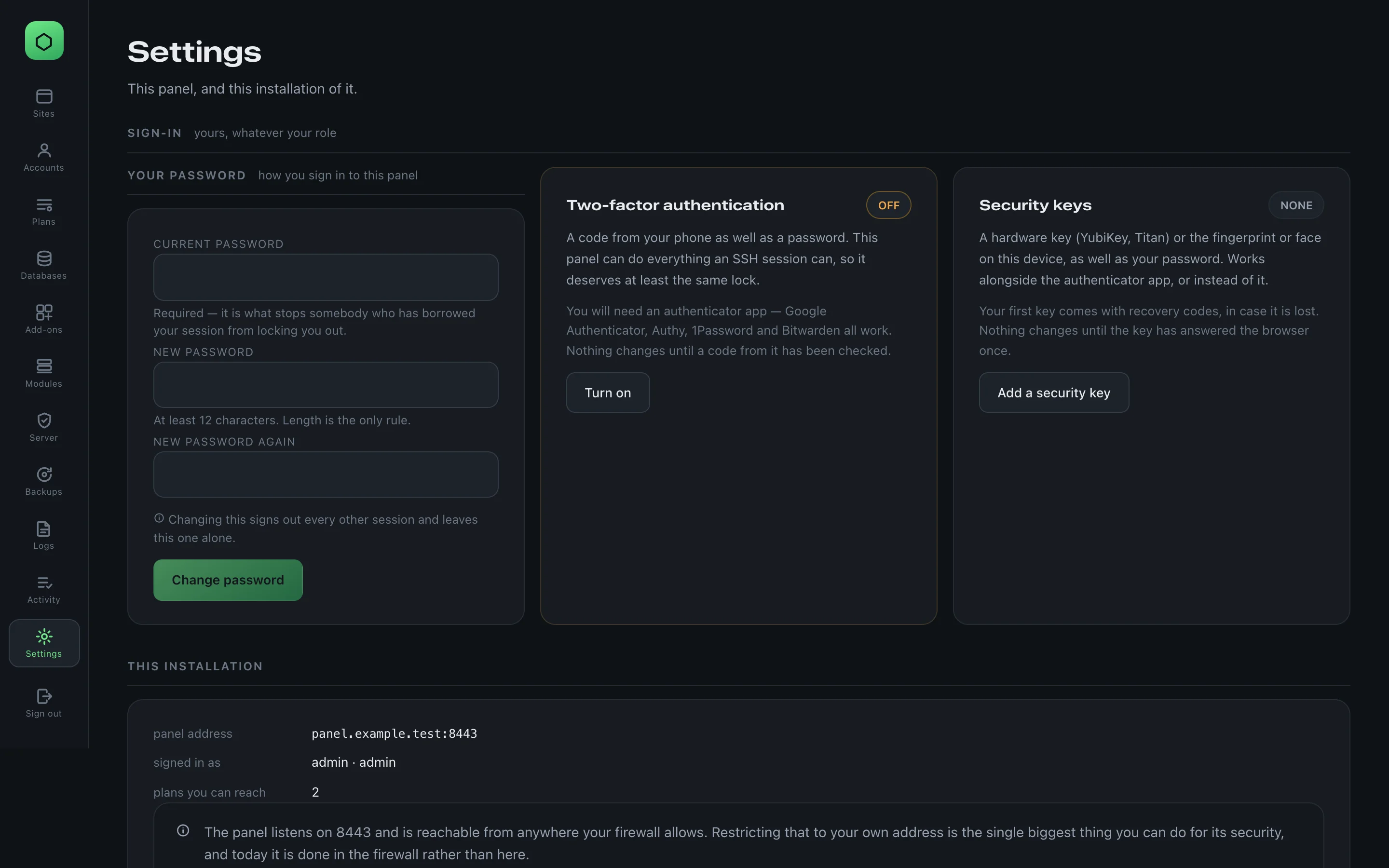 The Sign-in section of Settings: the password form, two-factor authentication OFF with Turn on, security keys NONE with Add a security key, and below them the panel address panel.example.test:8443.
