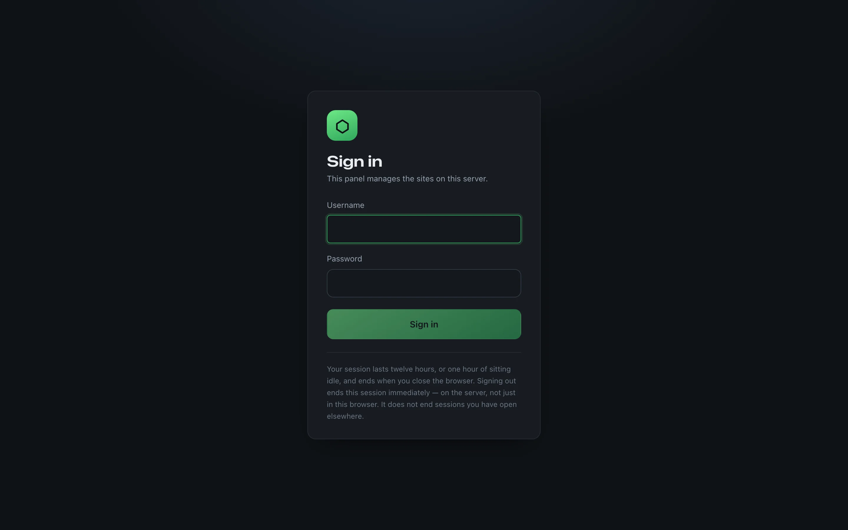 The cpleks sign-in page: a card titled Sign in with Username and Password fields and a green Sign in button.