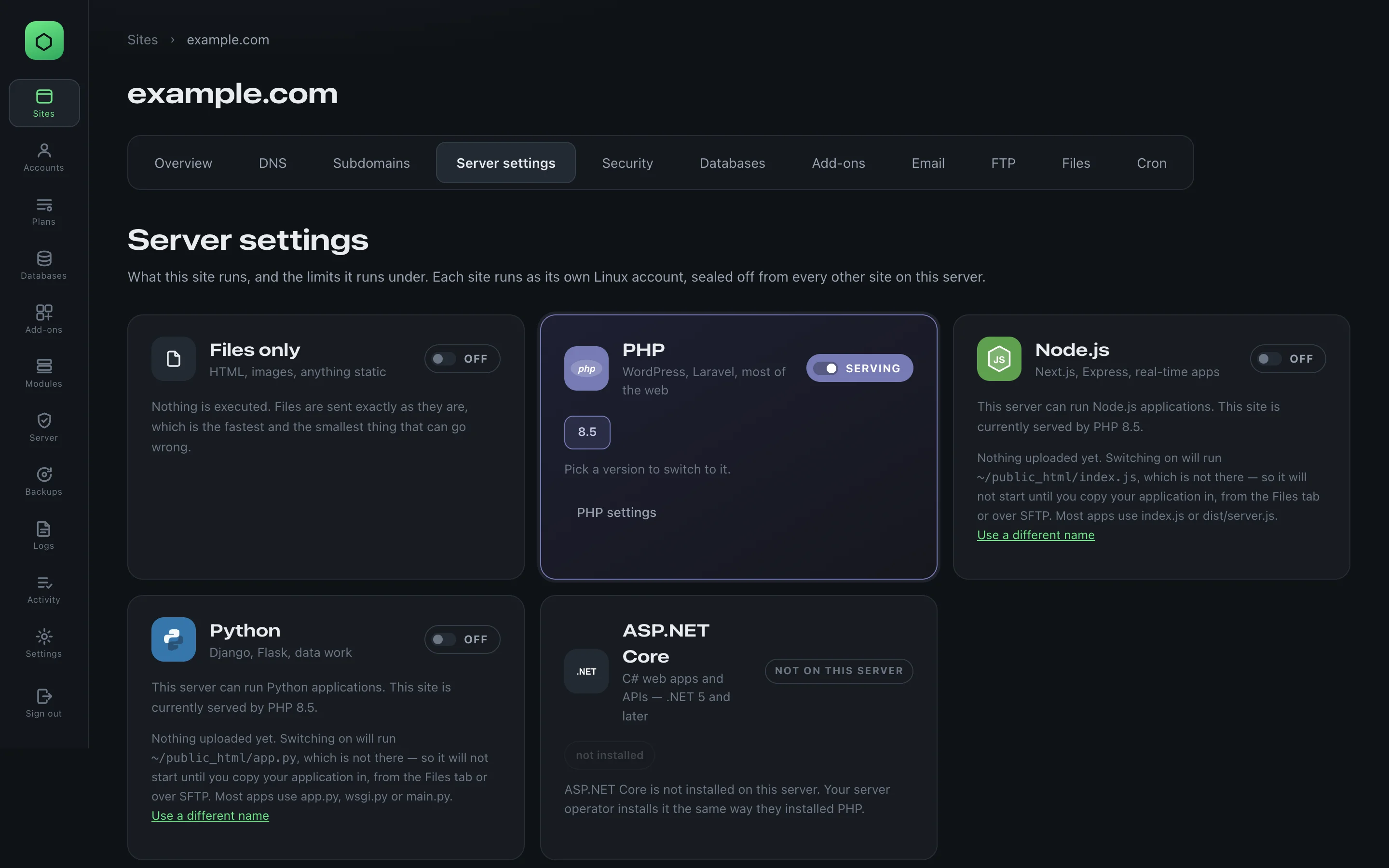 The Server settings tab with the choice between Files only, PHP, Node.js, Python and ASP.NET Core.