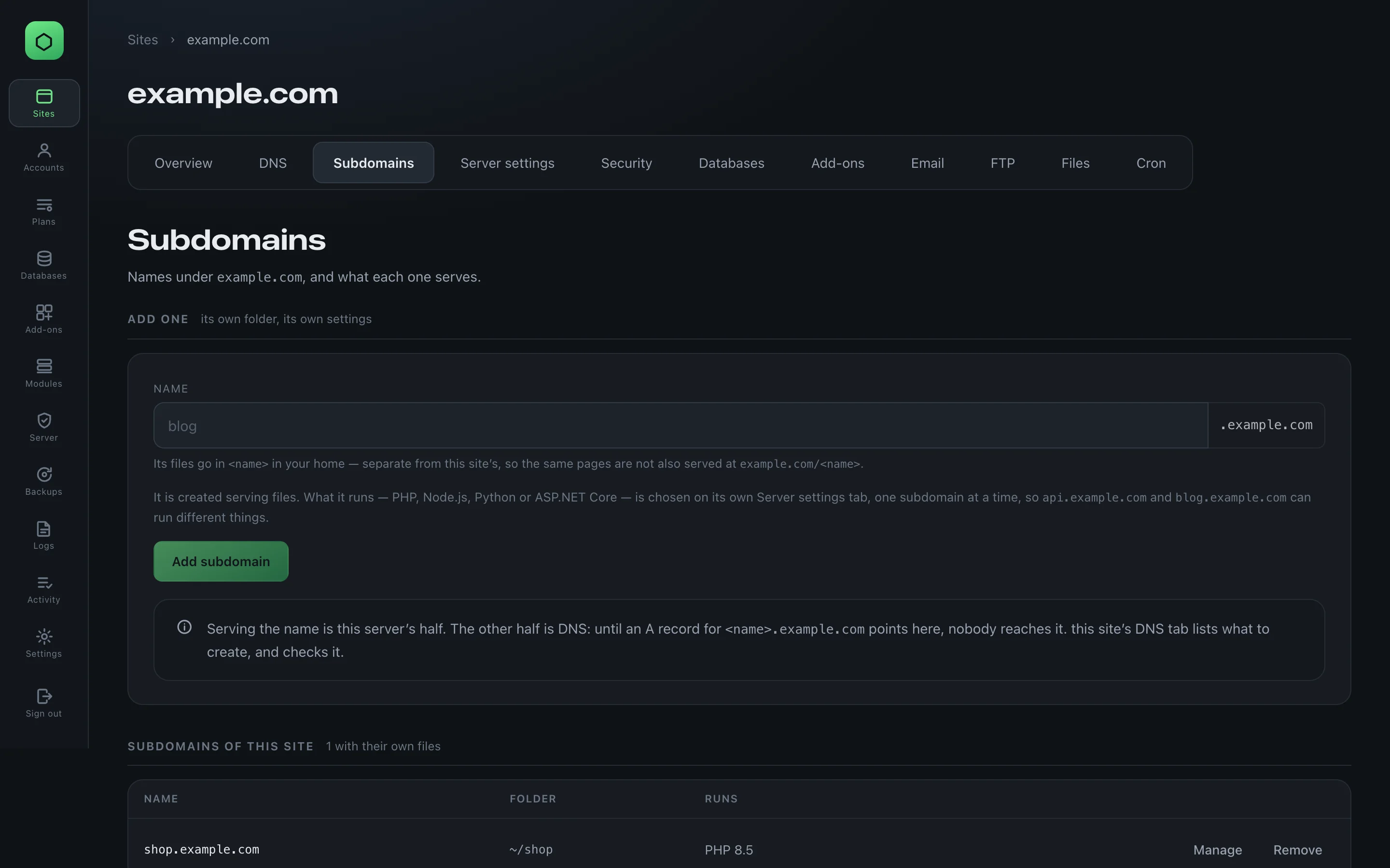 The Subdomains tab with a field for a new subdomain name and the list of subdomains.