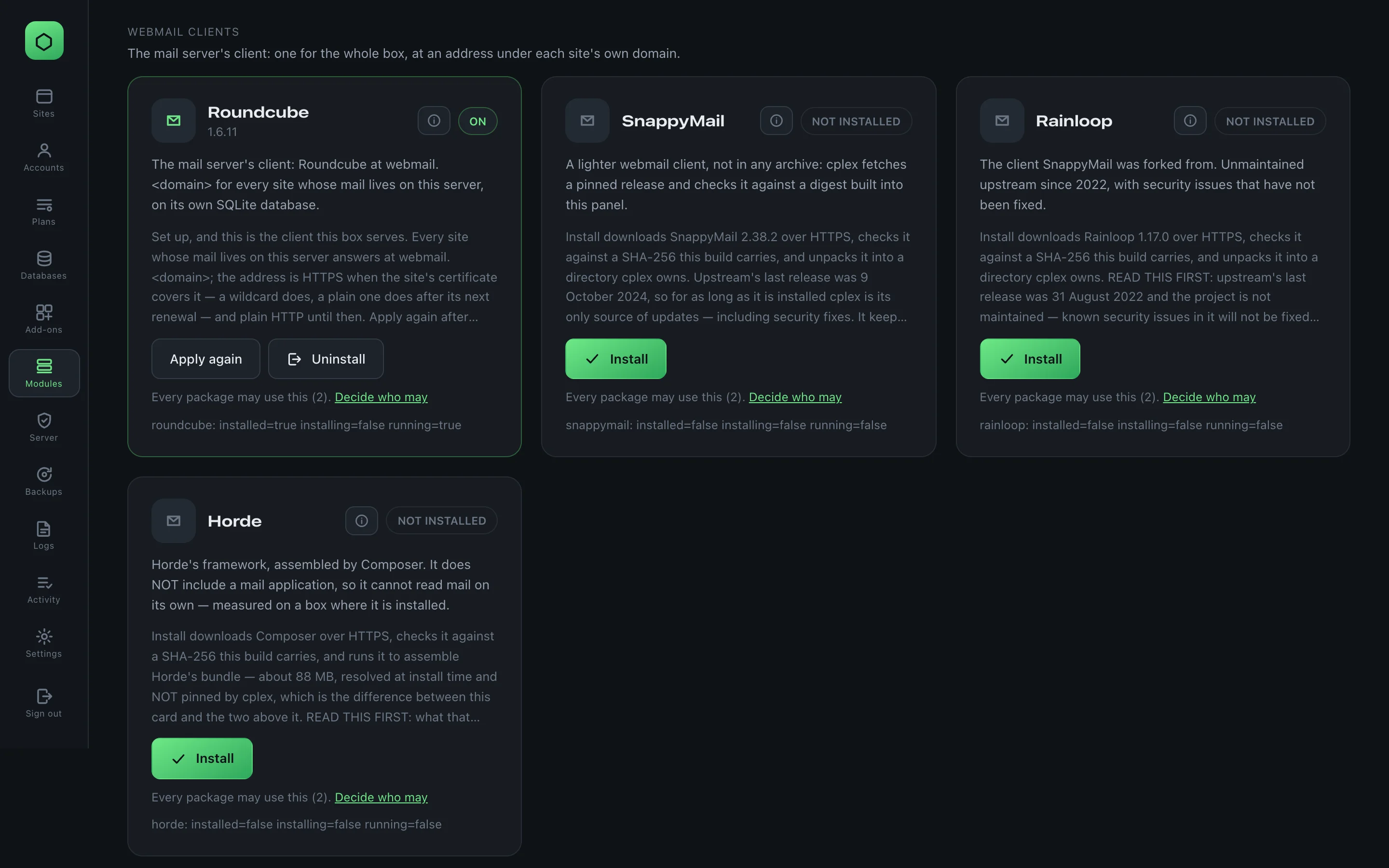 The Webmail clients group on the Modules screen: Roundcube installed and ON, and the SnappyMail, Rainloop and Horde cards with an Install button each.